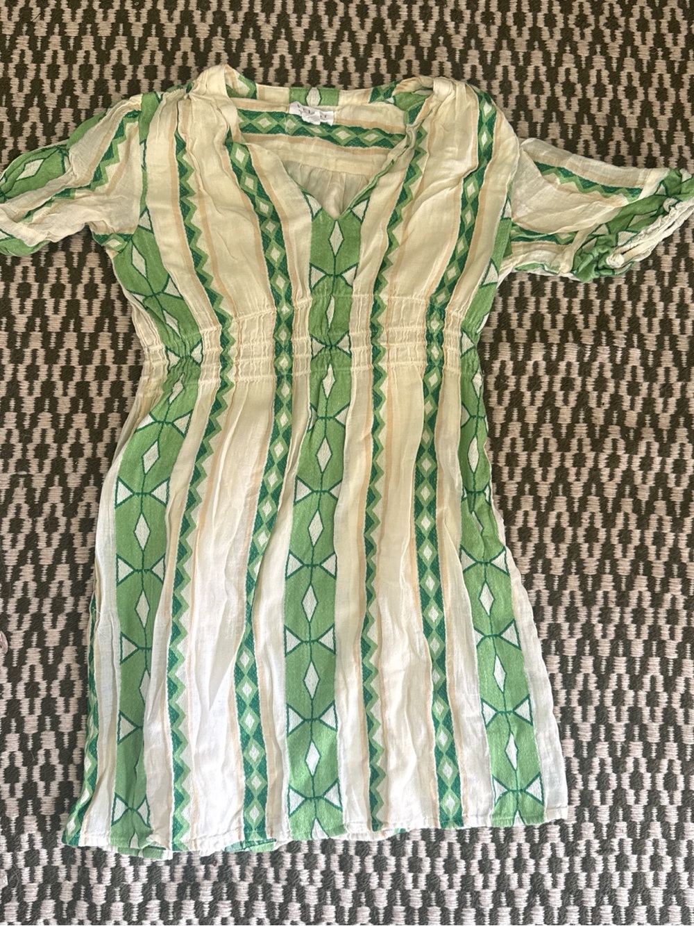 Green & Cream Patterned V-Neck Women’s Dress